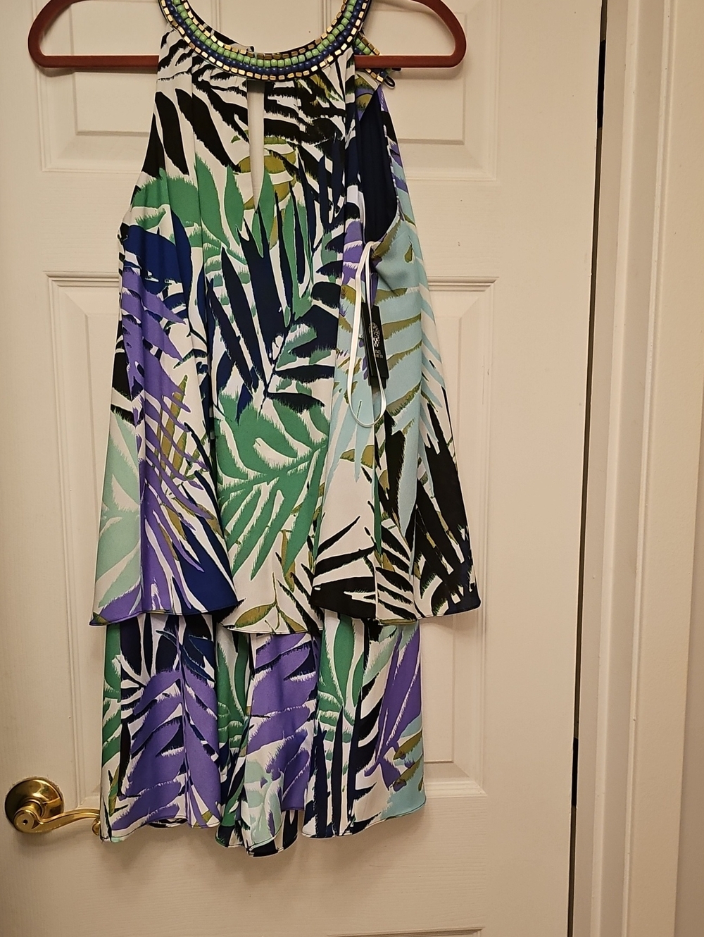 Vince Camuto Beaded Neckline Tropical Print Dress With Attached Shorts